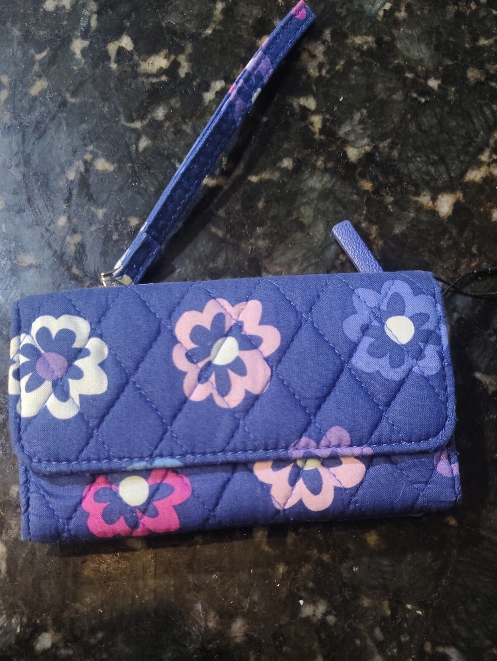 Vera Bradley Quilted Floral Wristlet Wallet - Blue with Pink & White Flowers